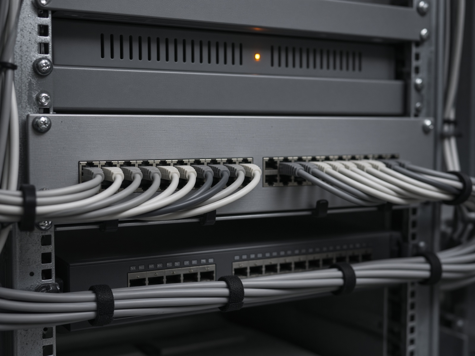 A small office network rack with neatly dressed cables